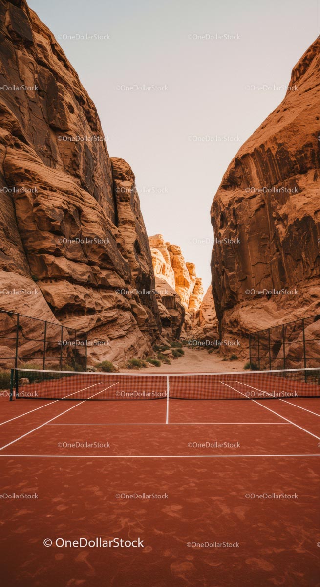 Solitary Tennis Player on Green Court with Lush Surroundings