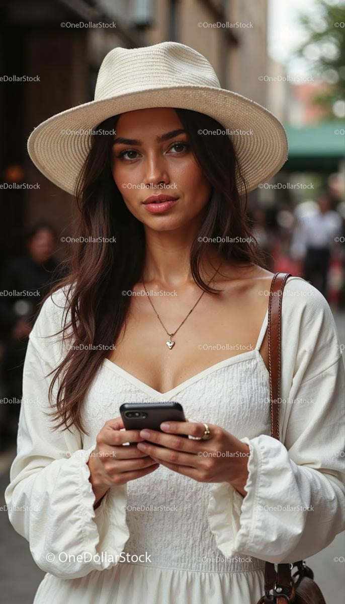 Stylish Woman in Straw Hat Using Smartphone Outdoors