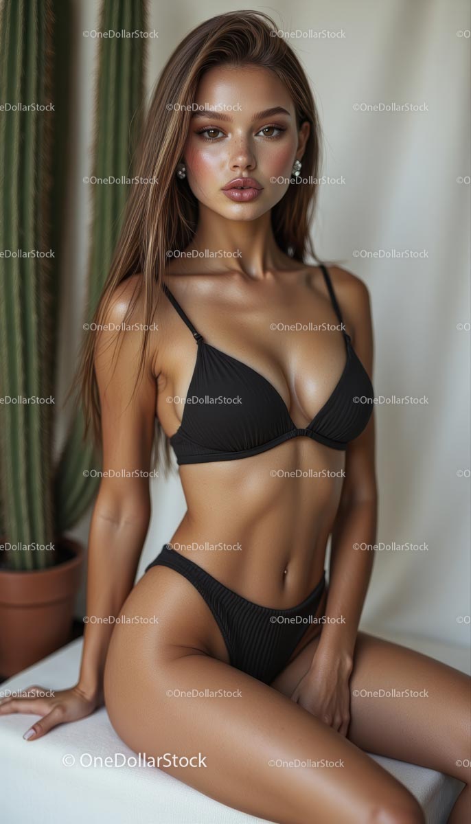 Elegant Woman in Black Bikini Posing Confidently