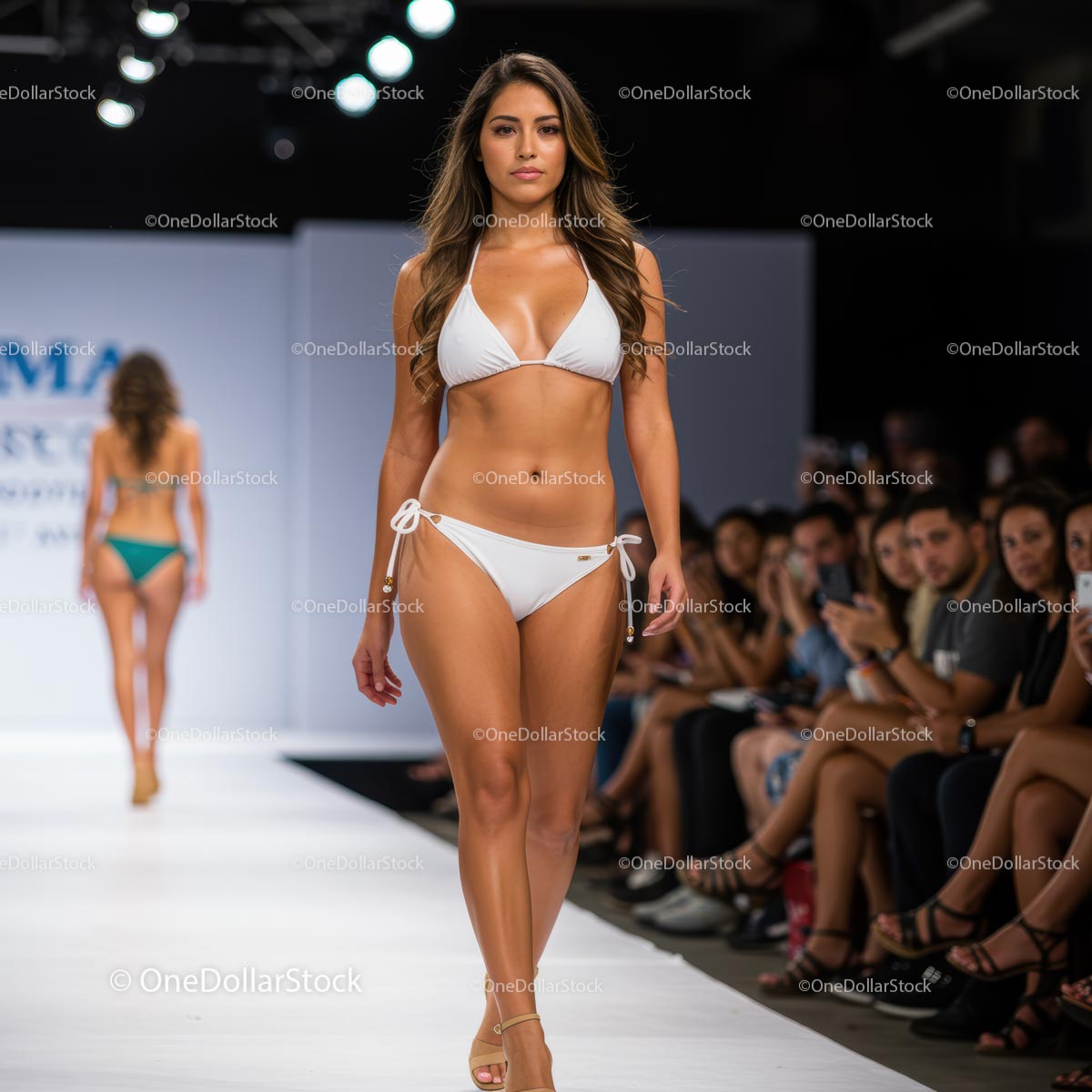 Pewna siebie modelka w białym bikini na wybiegu