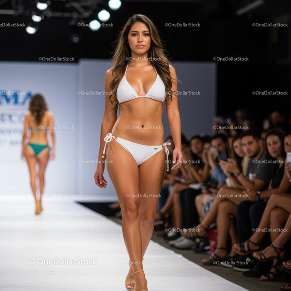 Confident Model in White Bikini Walking the Runway