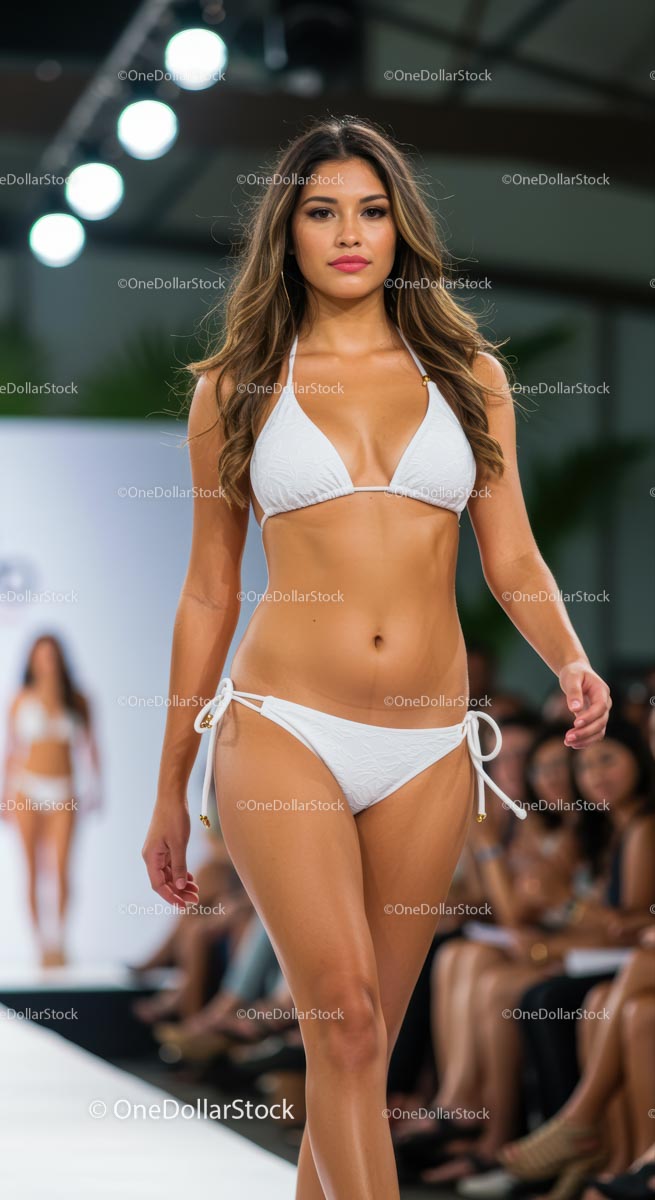 Model Walking in White Bikini on Runway Show