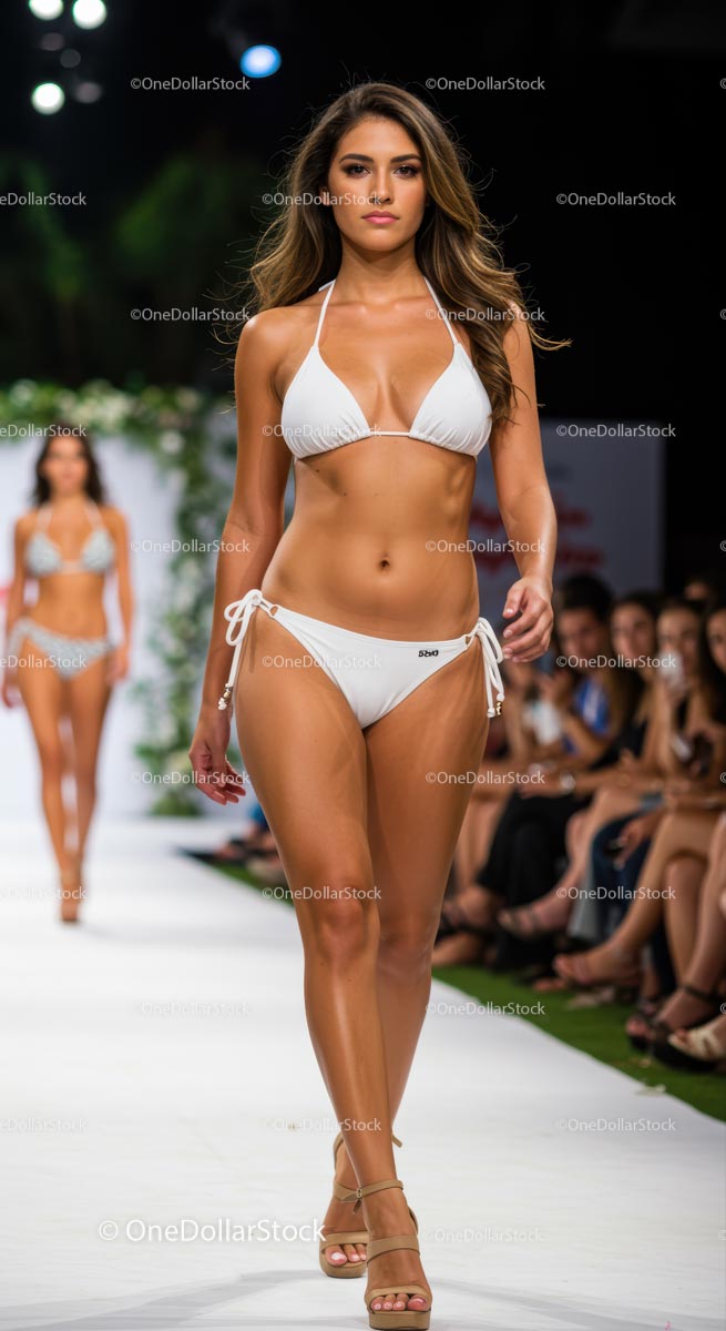 Elegant Model in White Bikini on Fashion Runway