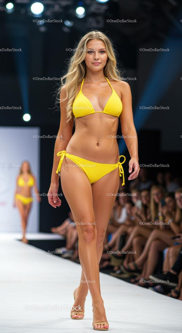 Modelka na wybiegu prezentuje żywiołowy żółty bikini