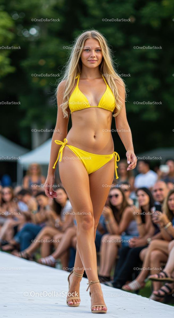 Model in Yellow Bikini Walking Down the Runway in Summer Fashion Show