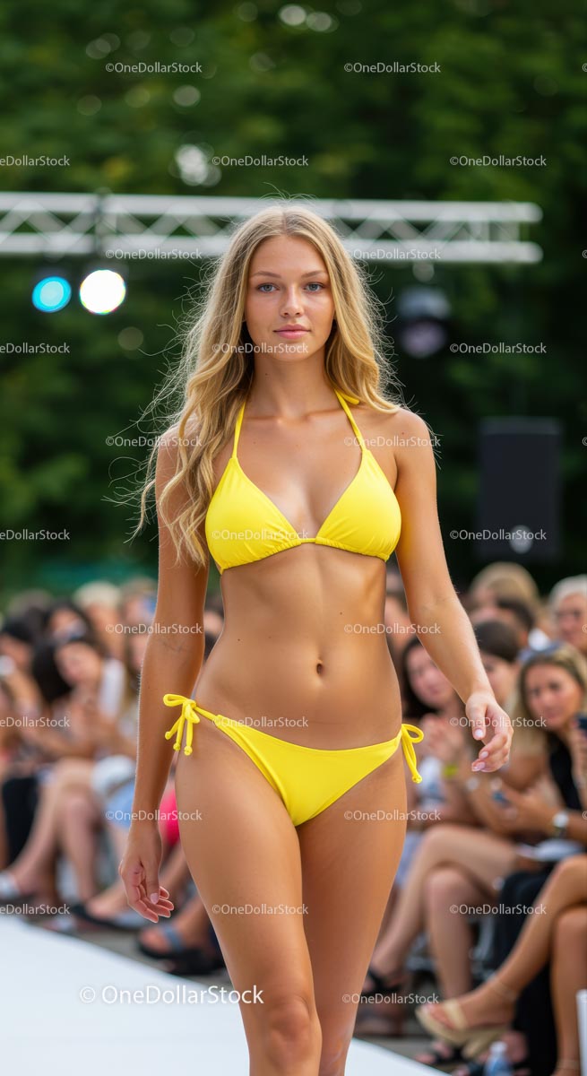 Modelka na wybiegu w jaskrawożółtym bikini na pokazie mody na świeżym powietrzu