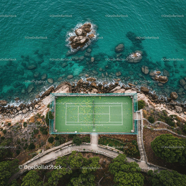 Aerial View of Seaside Tennis Court with Turquoise Waters