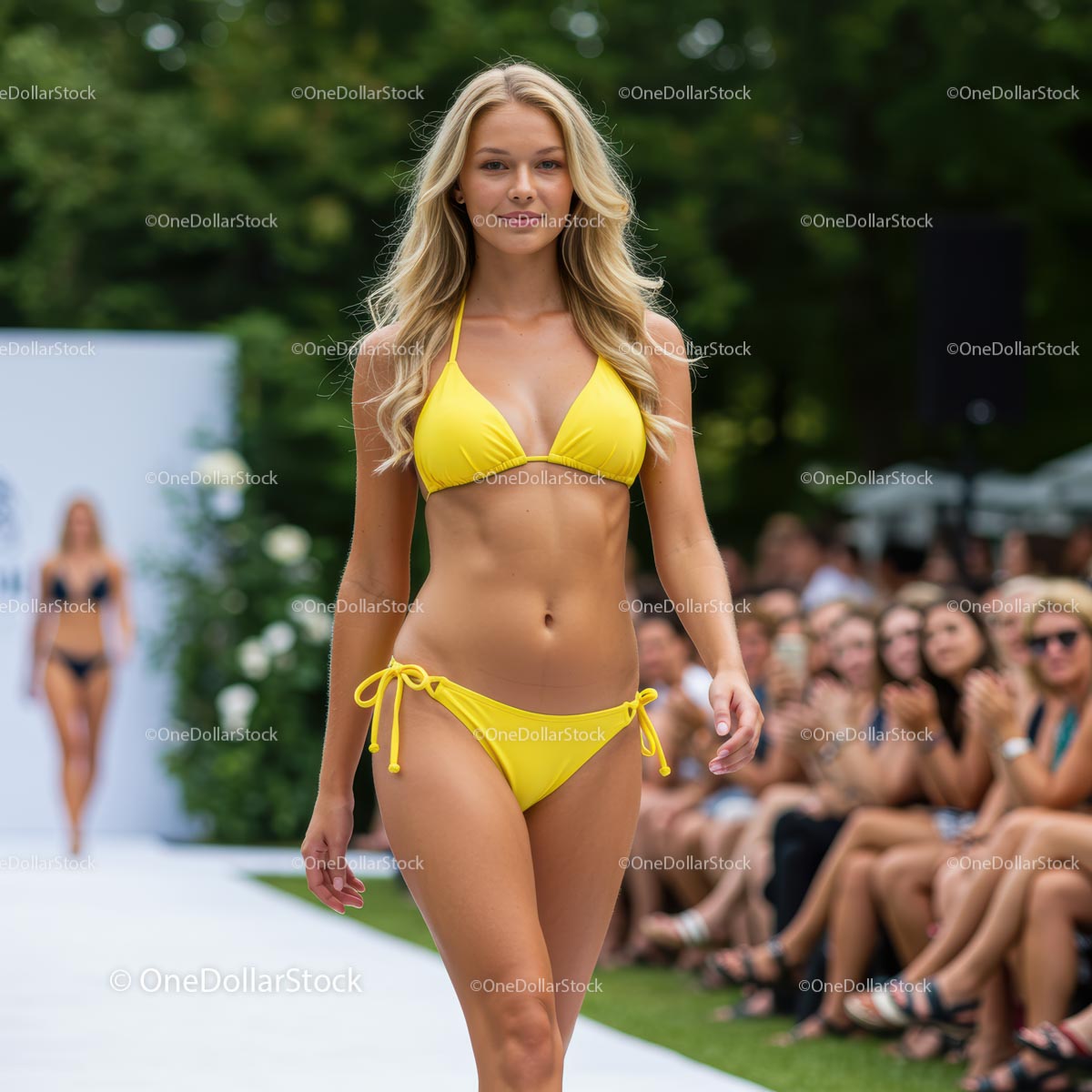 Glamorous Runway Model in Green Bikini at Fashion Show