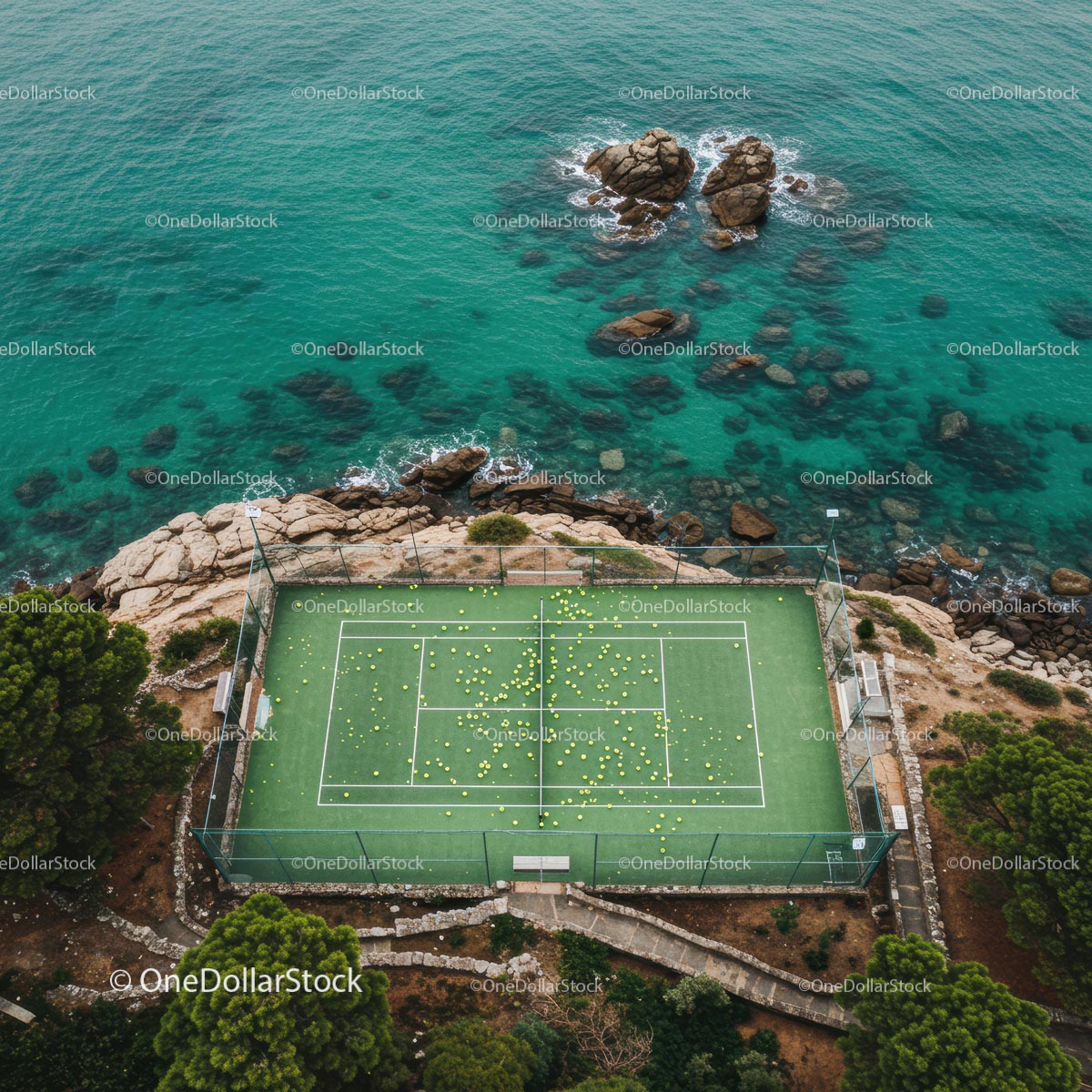 Aerial View of Tennis Court by Turquoise Ocean