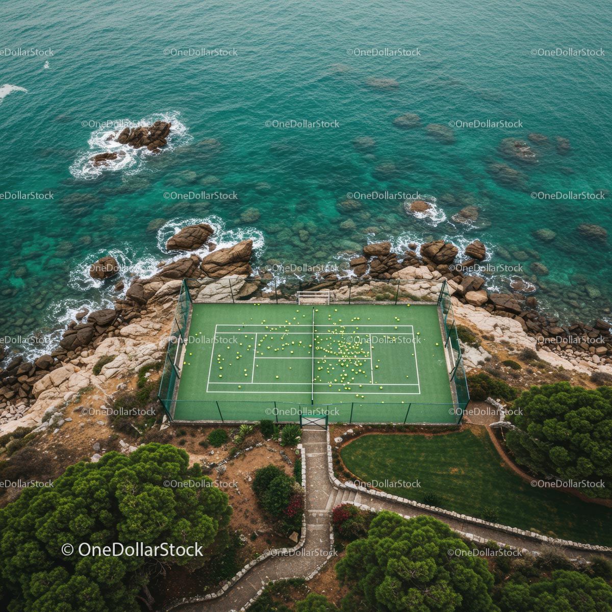 Aerial View of Coastal Tennis Court by the Ocean