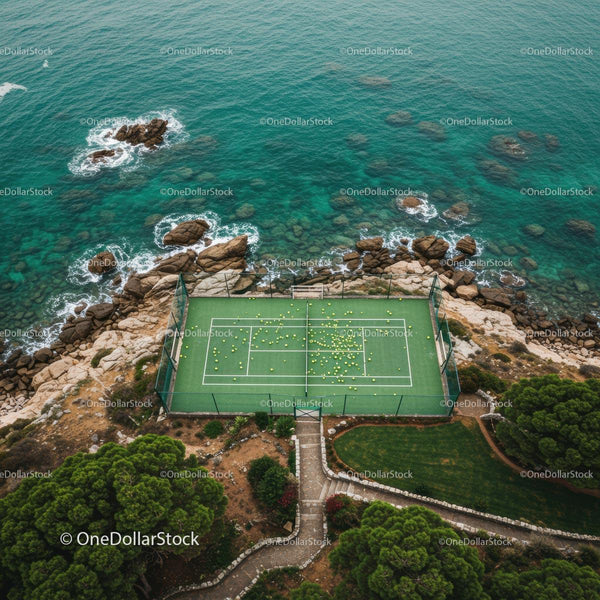Aerial View of Coastal Tennis Court by the Ocean