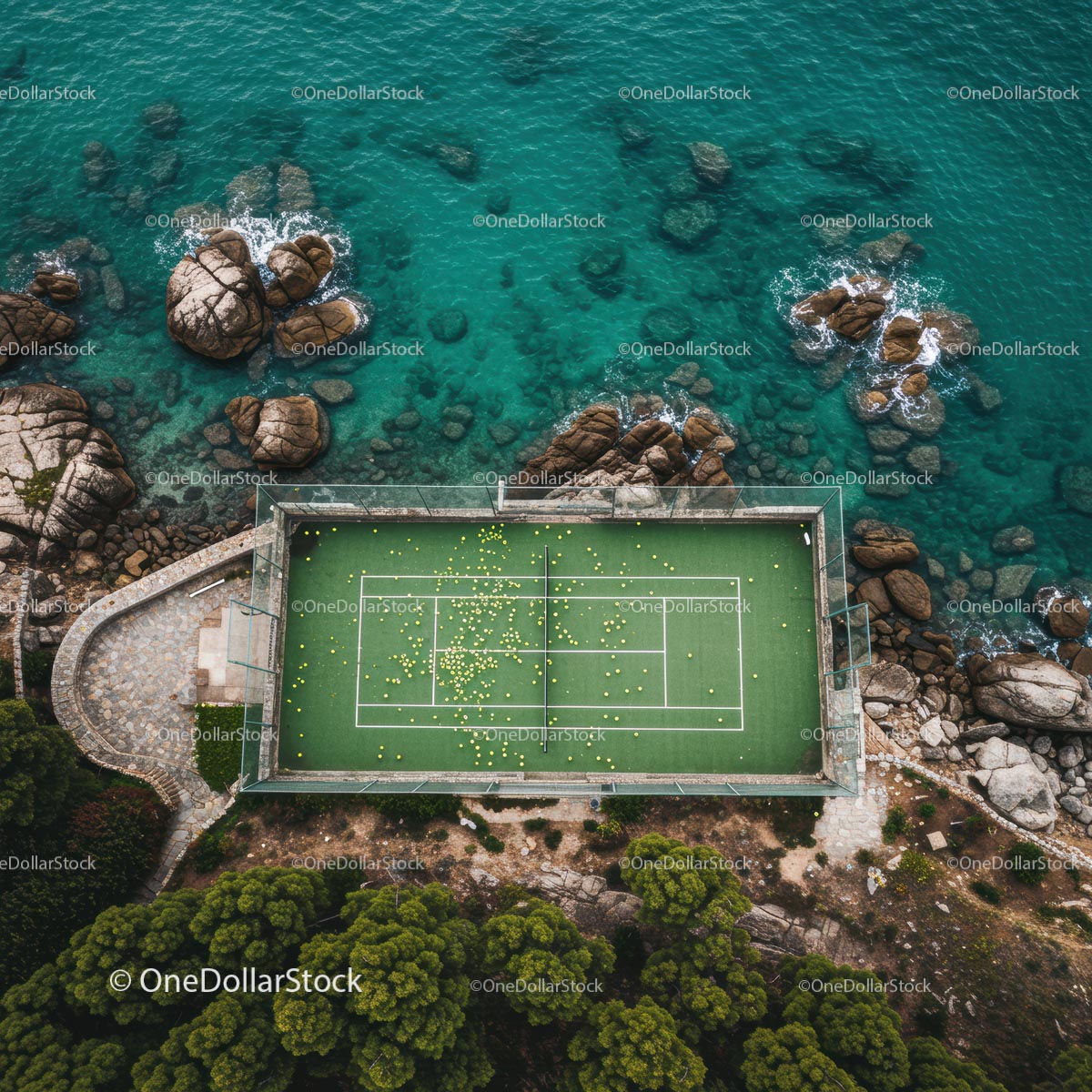 Aerial View of Coastal Tennis Court by Turquoise Ocean