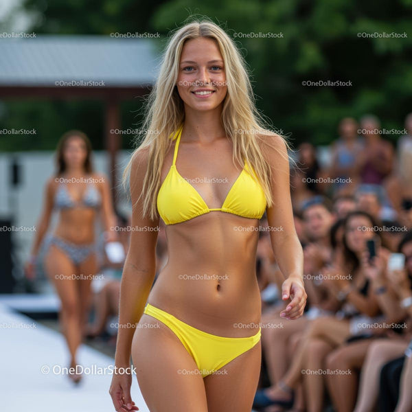 Modelka w żółtym bikini na letnim pokazie mody na świeżym powietrzu