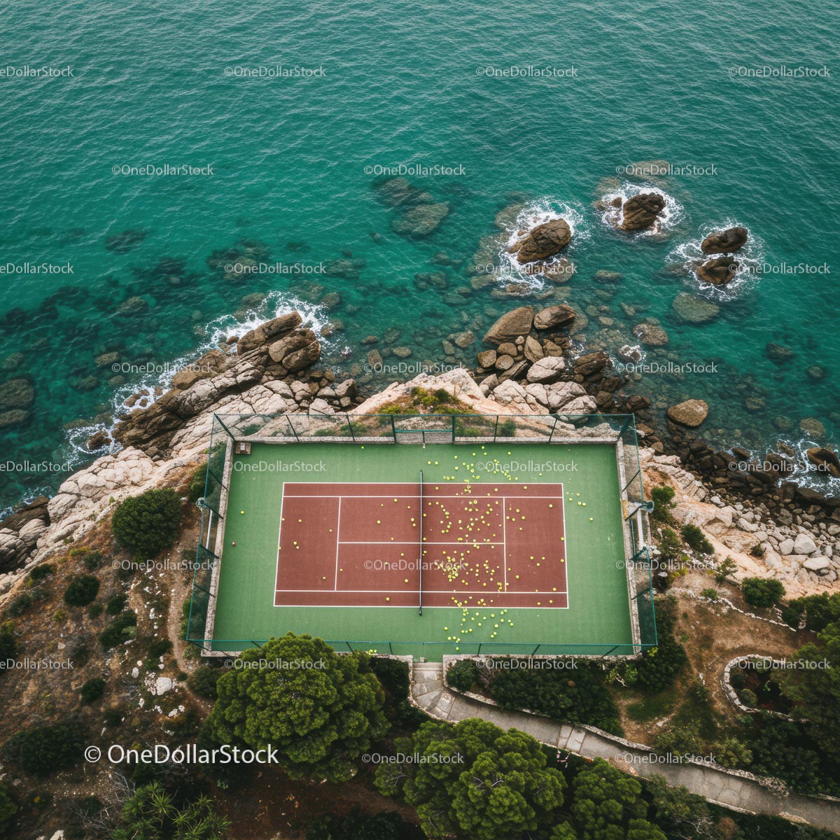 Aerial View of Tennis Court by Turquoise Sea and Rocky Shoreline