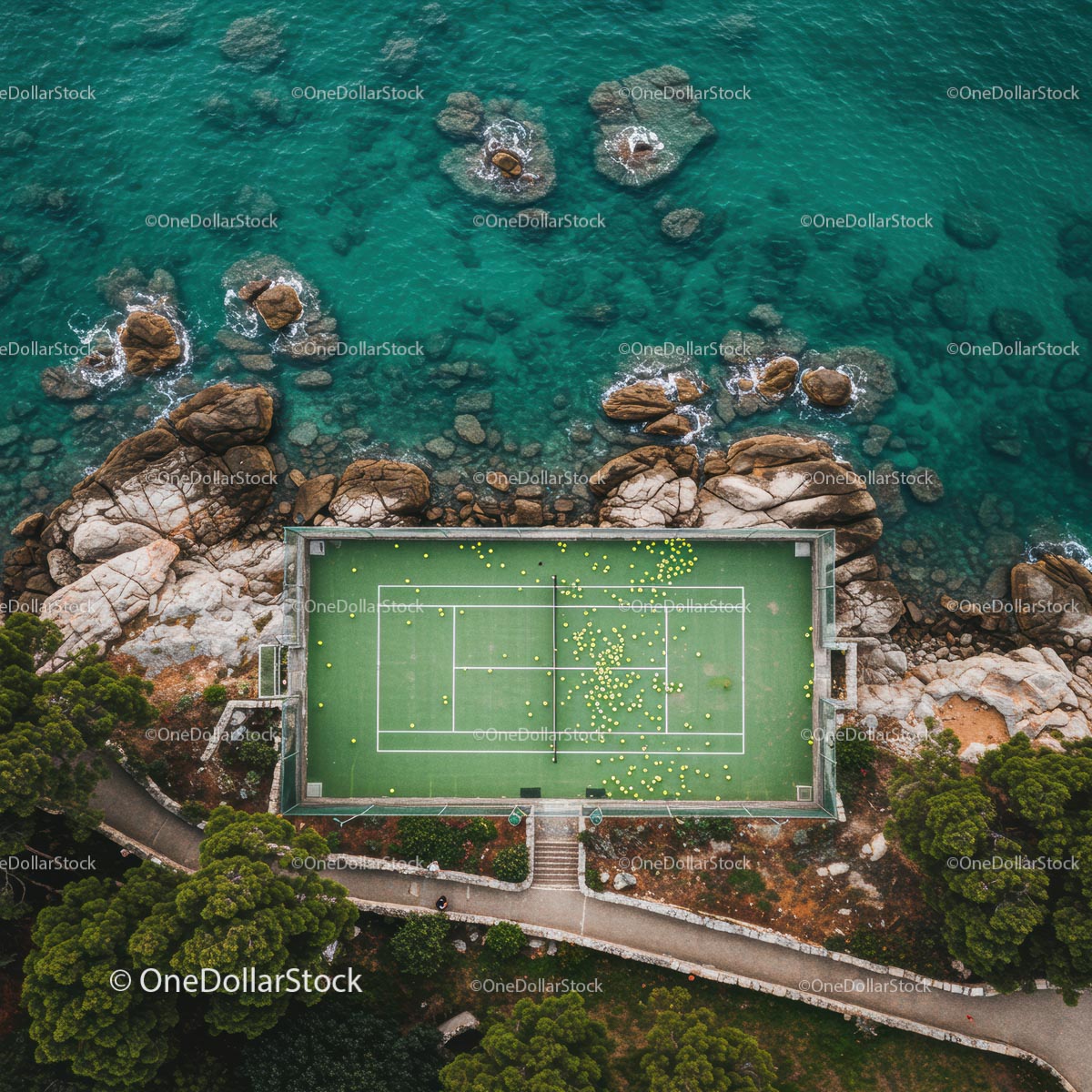 Aerial View of Coastal Tennis Court by Turquoise Sea