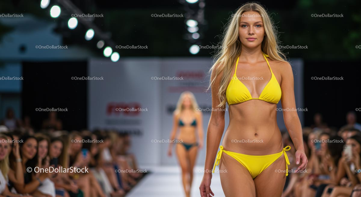 Runway Model Showcasing Yellow Bikini Fashion