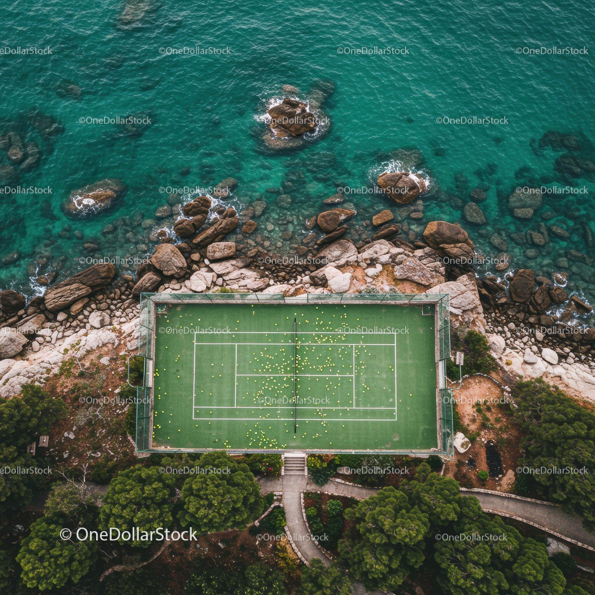 Aerial View of Tennis Court by Turquoise Coastline