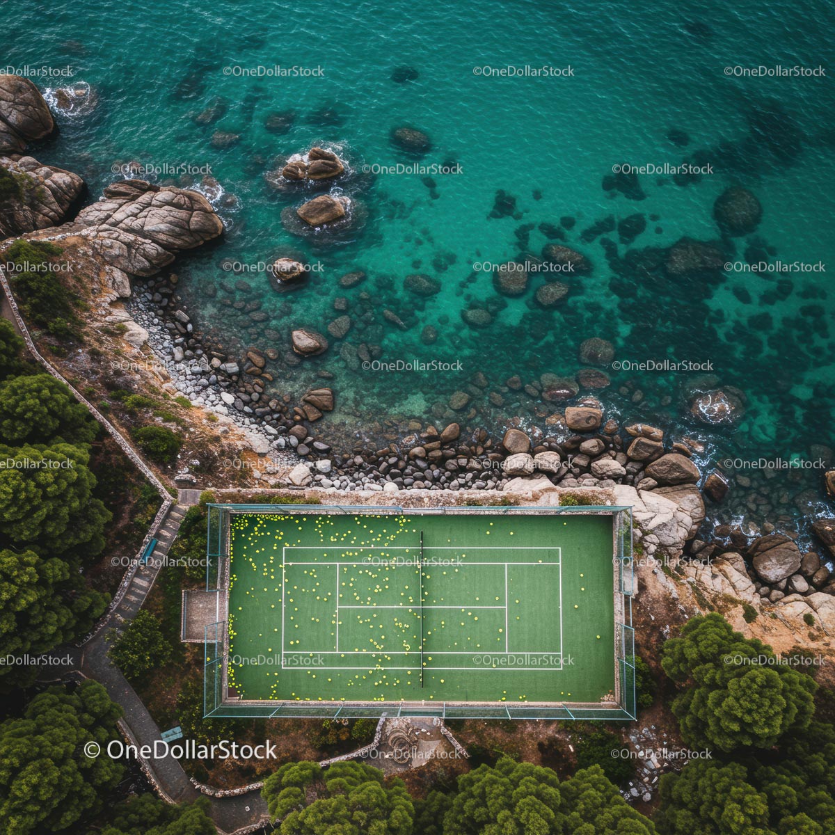 Aerial View of Tennis Court by Turquoise Ocean Coastline