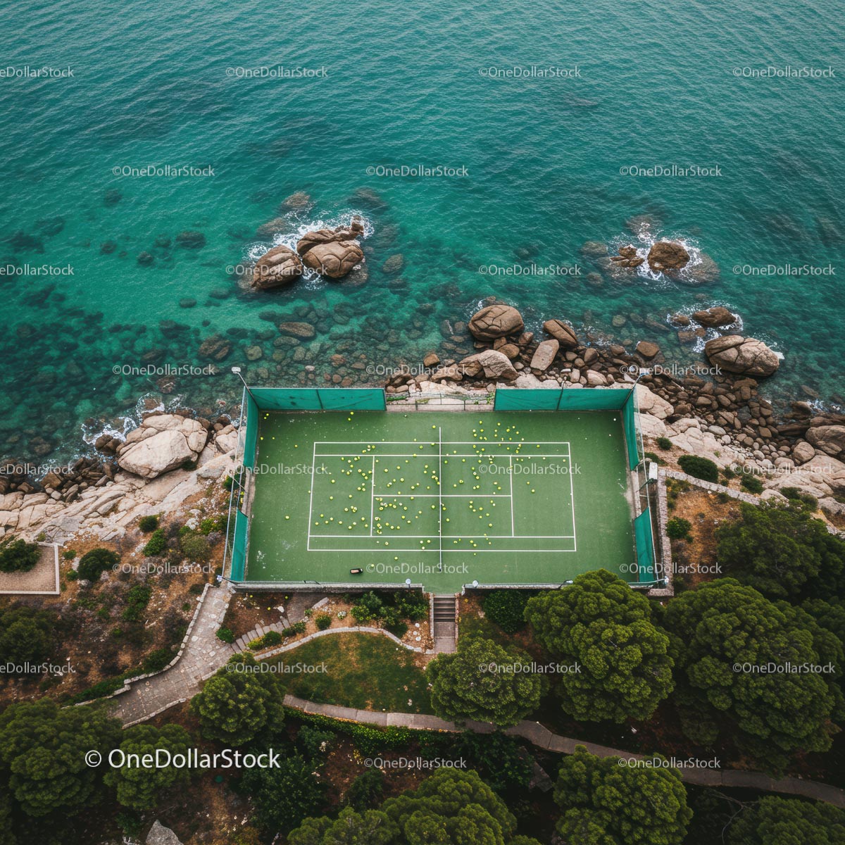 Aerial View of Coastal Tennis Court by Azure Waters