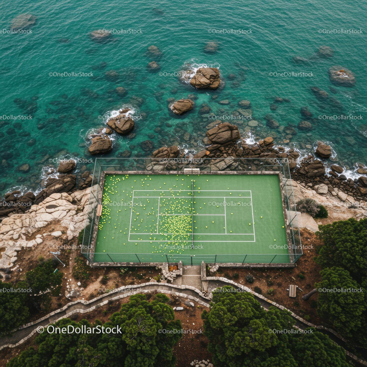 Aerial View of Tennis Court by Rocky Oceanfront