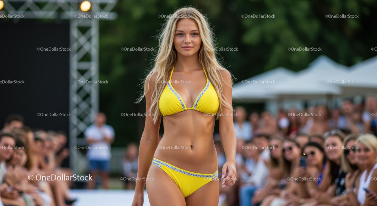 Blondynka w żółtym bikini na słonecznym wybiegu