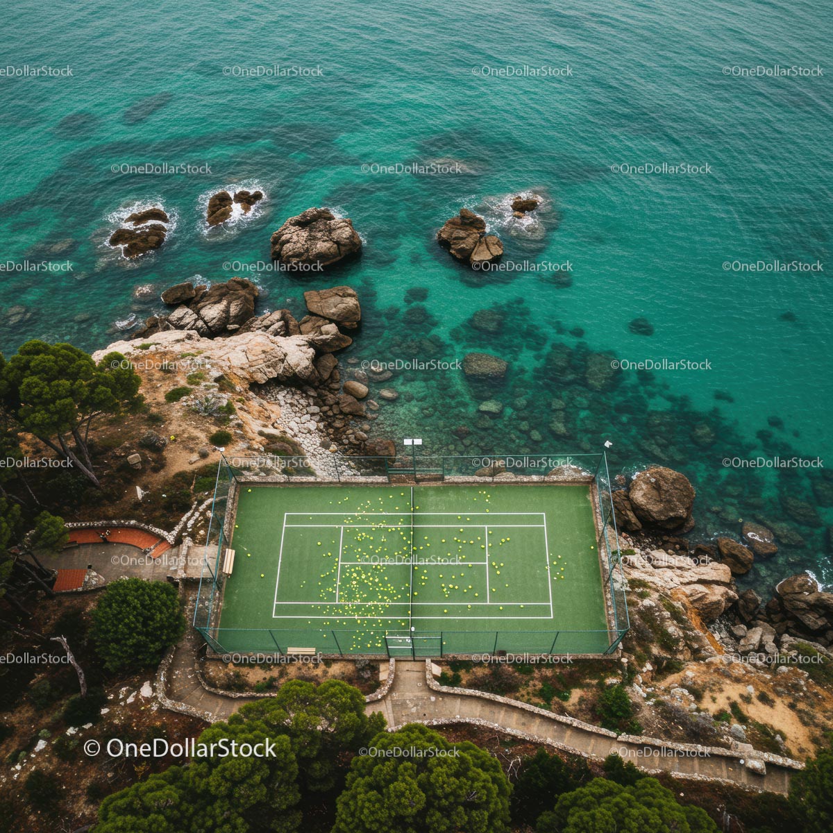 Aerial View of Coastal Tennis Court with Turquoise Sea