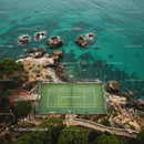 Aerial View of Coastal Tennis Court with Turquoise Sea