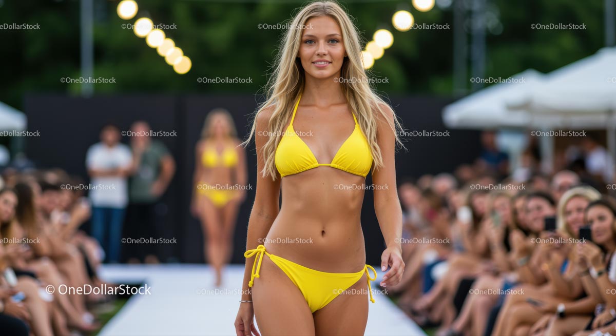 Pewna siebie kobieta w żółtym bikini na wybiegu