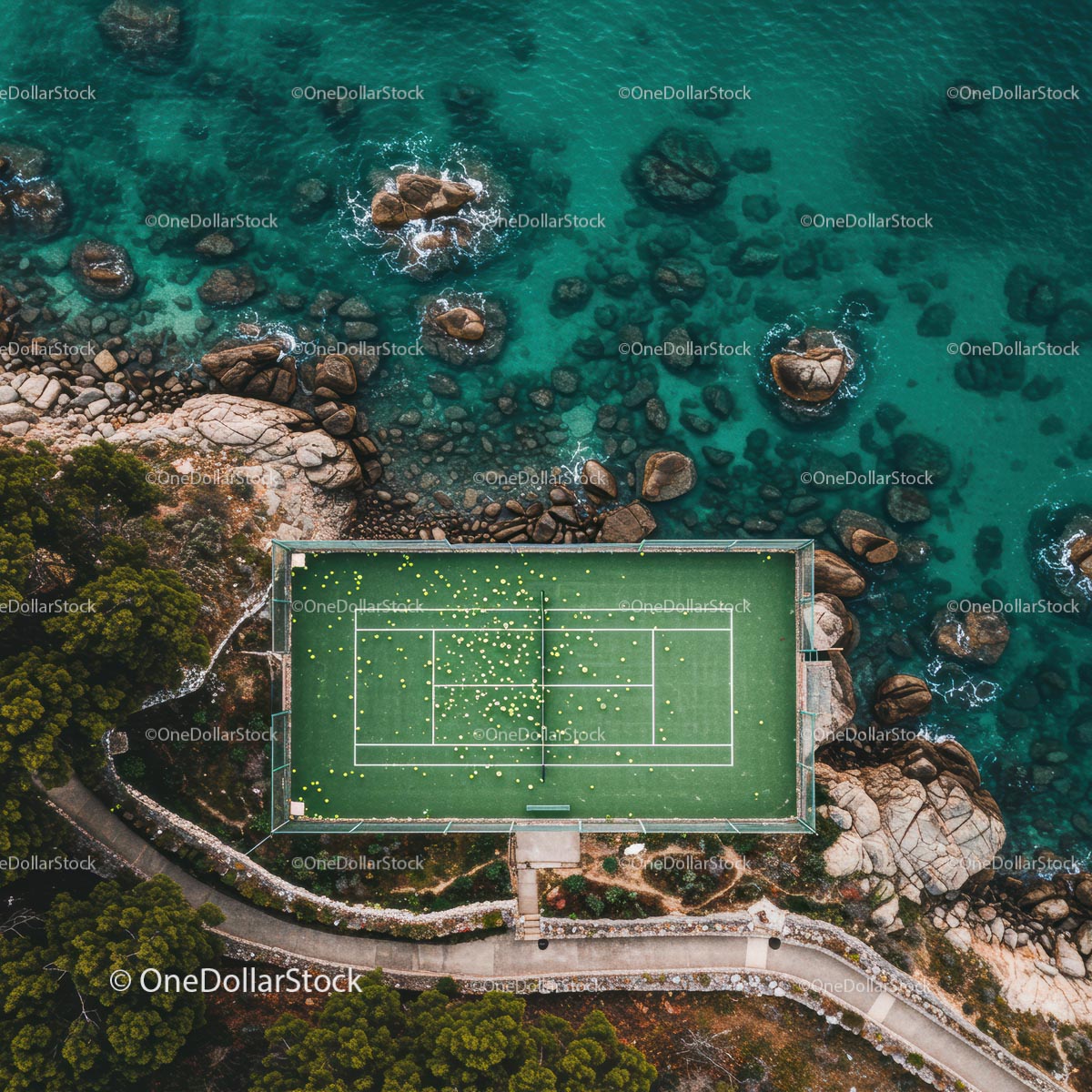 Aerial View of Cliffside Tennis Court by Turquoise Waters
