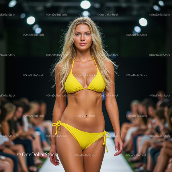 Blondynka w Żółtym Bikini na Wybiegu