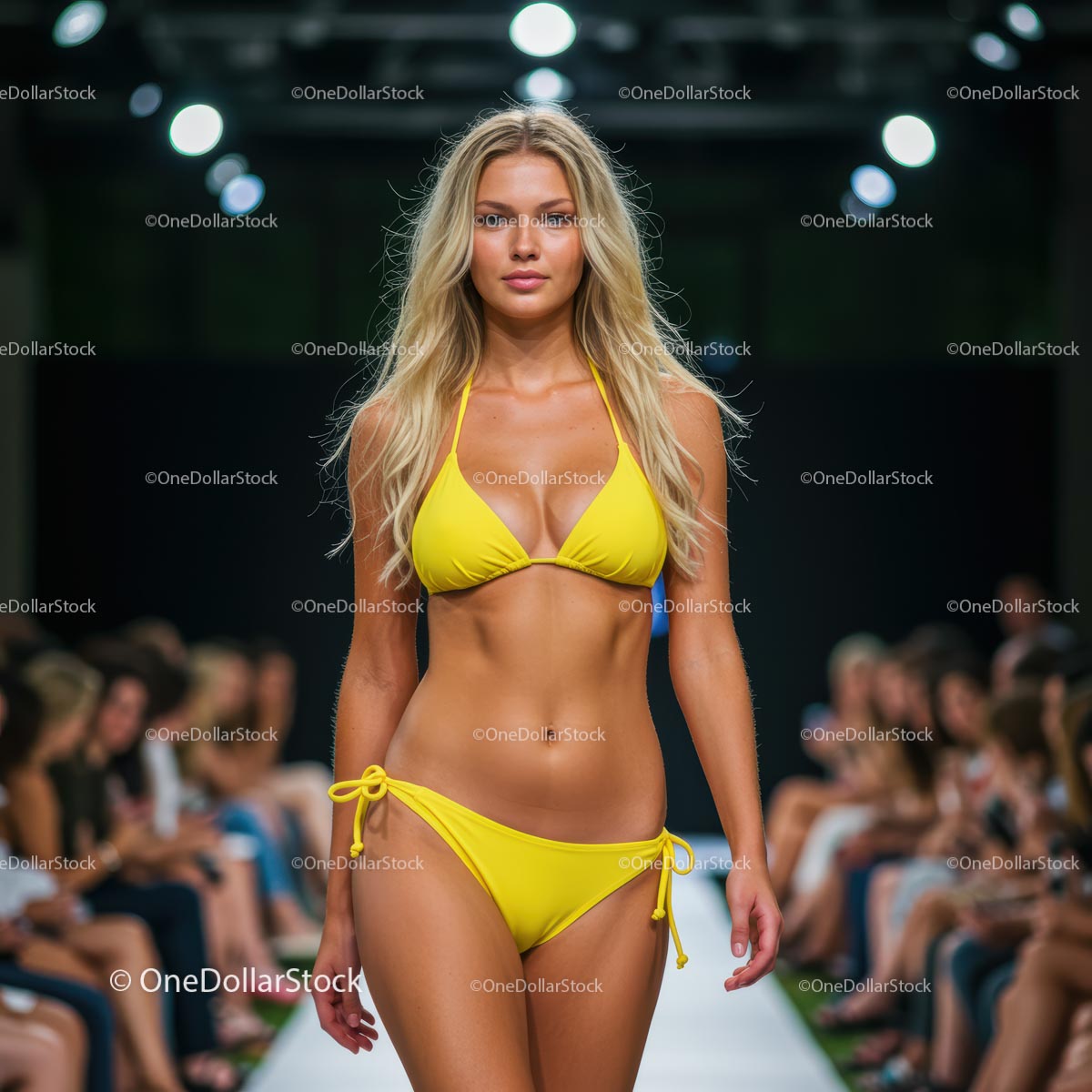 Glamorous Runway Model in Green Bikini at Fashion Show