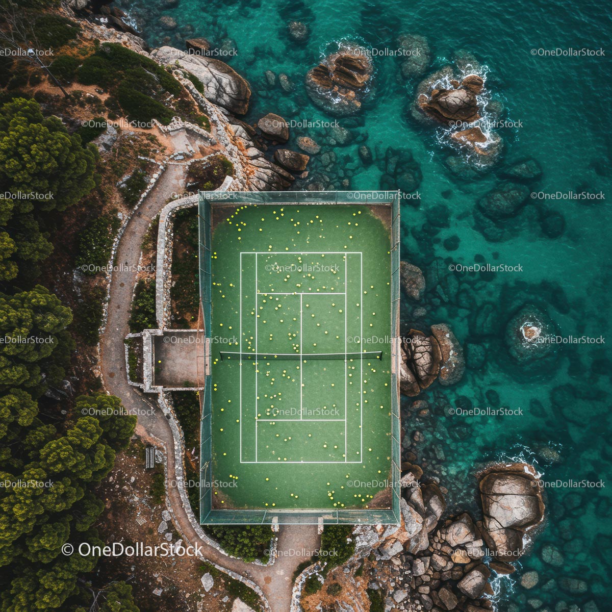 Tennis Court by Turquoise Sea with Rocky Coastline