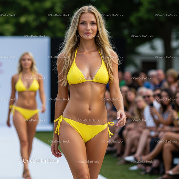 Blondynka w żółtym bikini na wybiegu podczas plenerowego pokazu mody