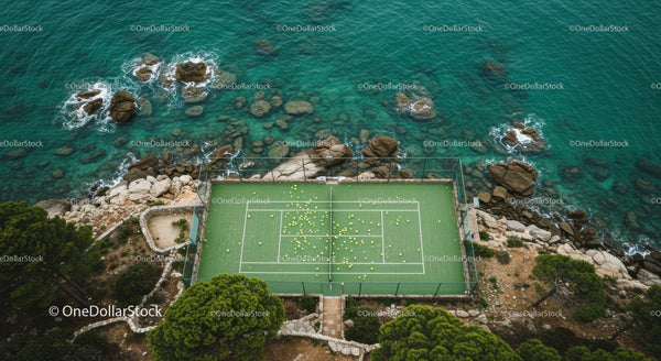 Aerial View of Tennis Court by the Turquoise Coastline