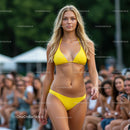 Glamorous Runway Model in Green Bikini at Fashion Show