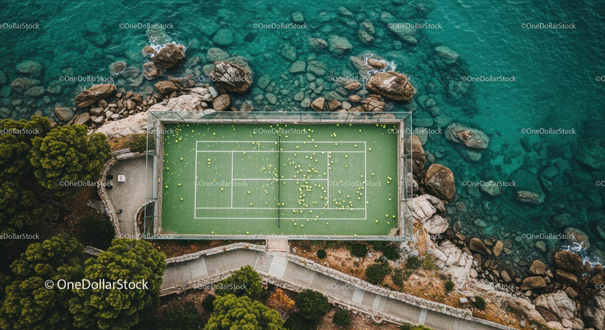 Aerial View of Tennis Court by the Turquoise Seaside