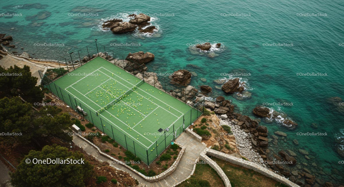Aerial View of Coastal Tennis Court by Turquoise Sea