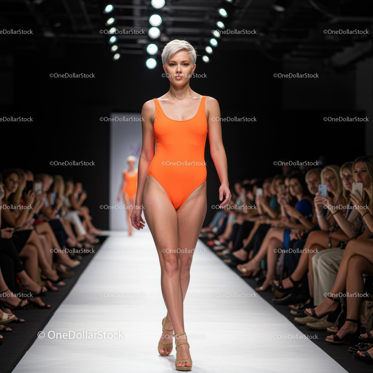 Modelka na wybiegu prezentuje pomarańczowy kostium kąpielowy na pokazie mody