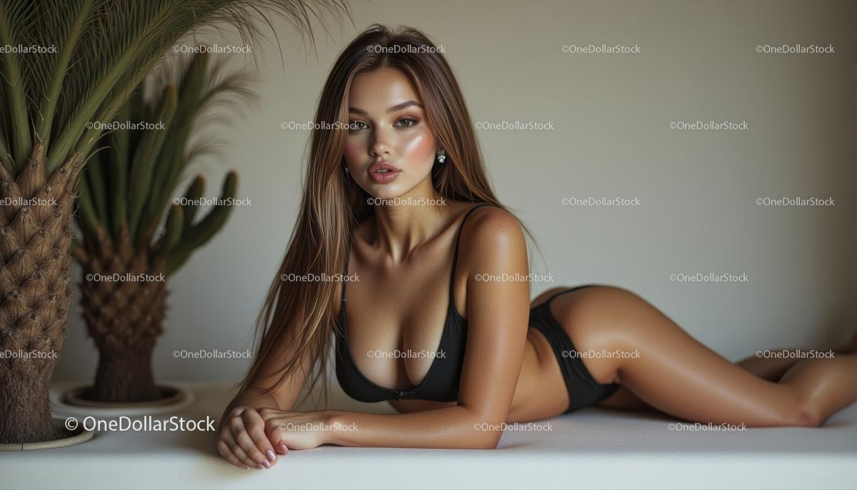 Modelka w czarnym bikini z dekoracją w postaci palmy