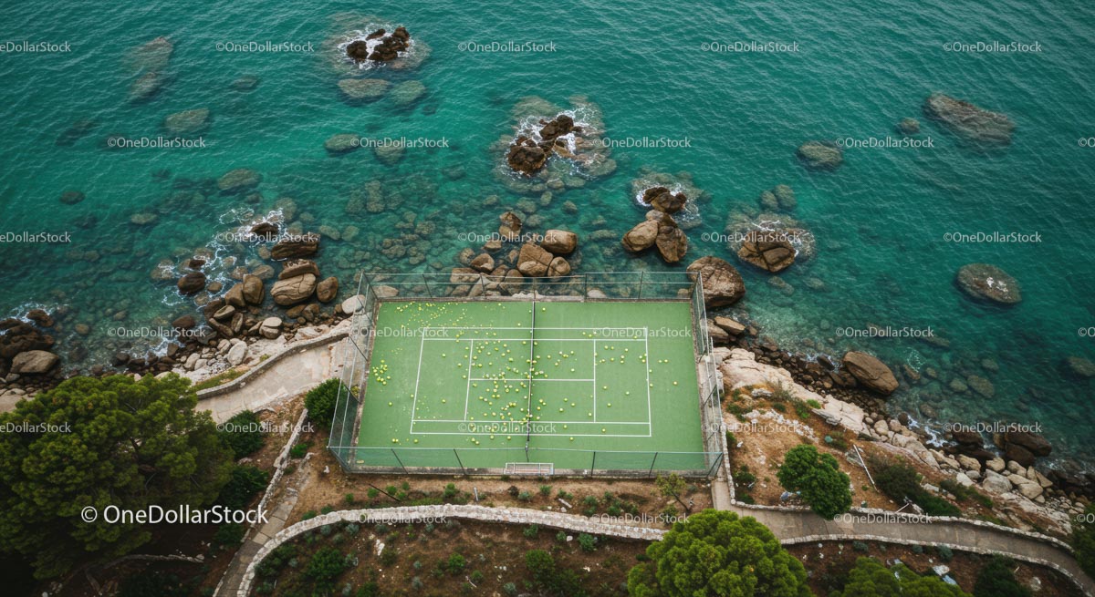 Aerial View of Tennis Court by Turquoise Ocean