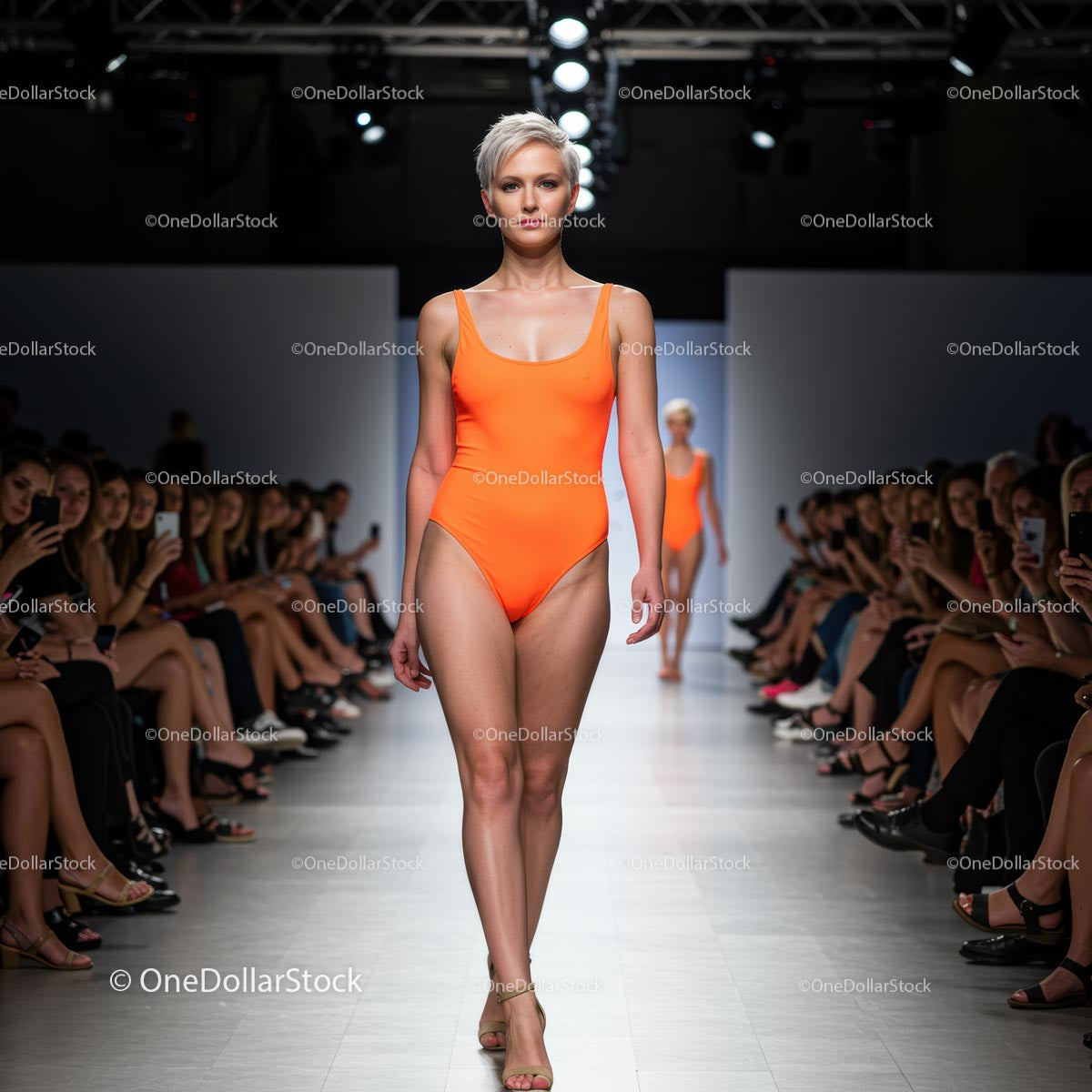 Modelka w pomarańczowym kostiumie kąpielowym na wybiegu pokazu mody