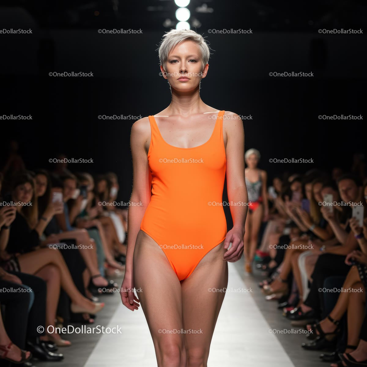 Model in Bright Orange Swimsuit on Fashion Runway