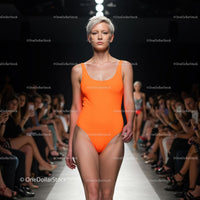 Model in Bright Orange Swimsuit on Fashion Runway