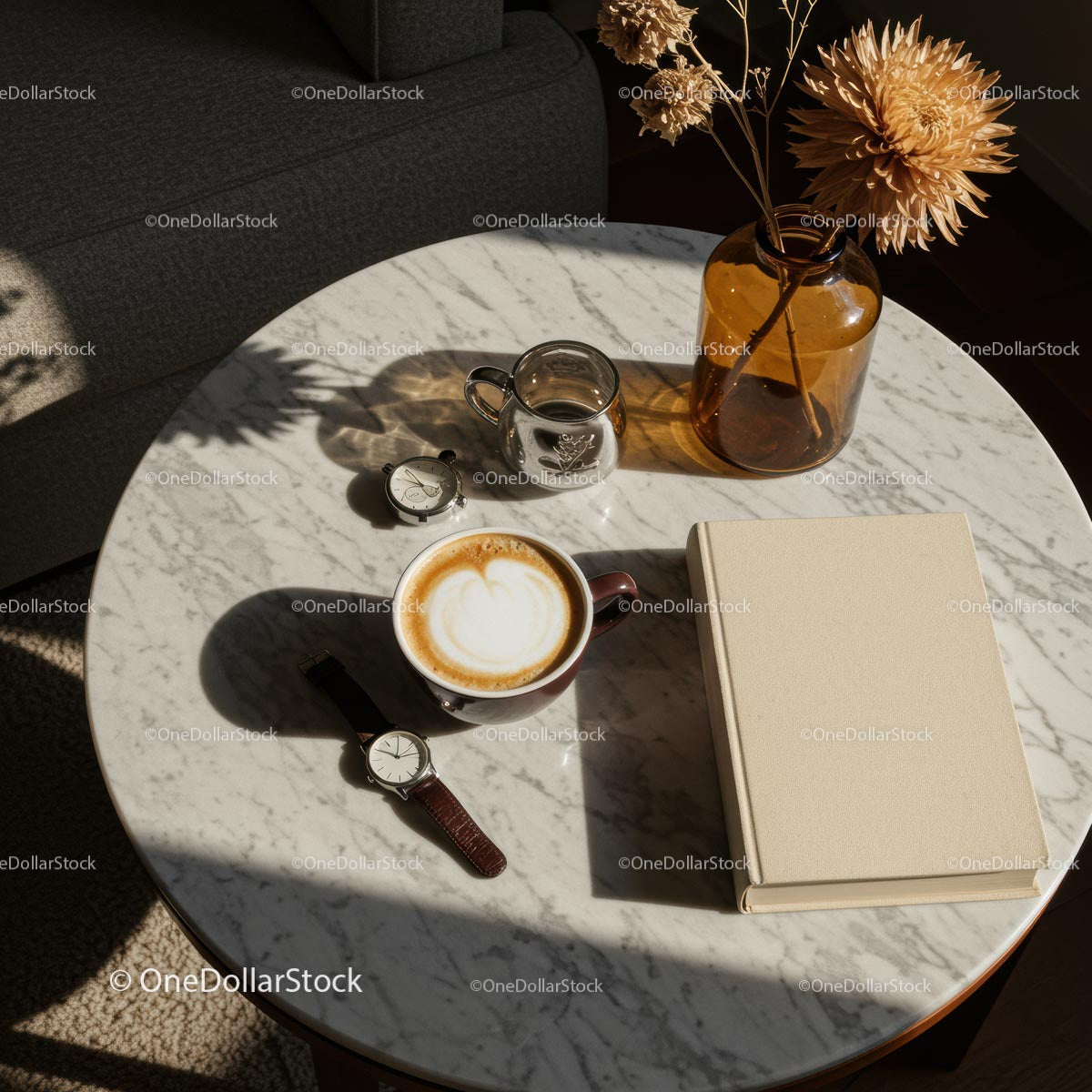 Cozy Morning with Coffee and Dried Flowers on Marble Table