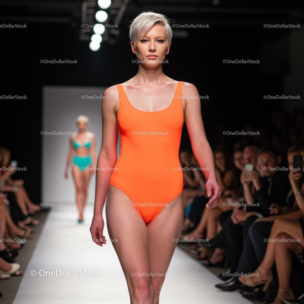 Model in Vibrant Orange Swimsuit on Runway