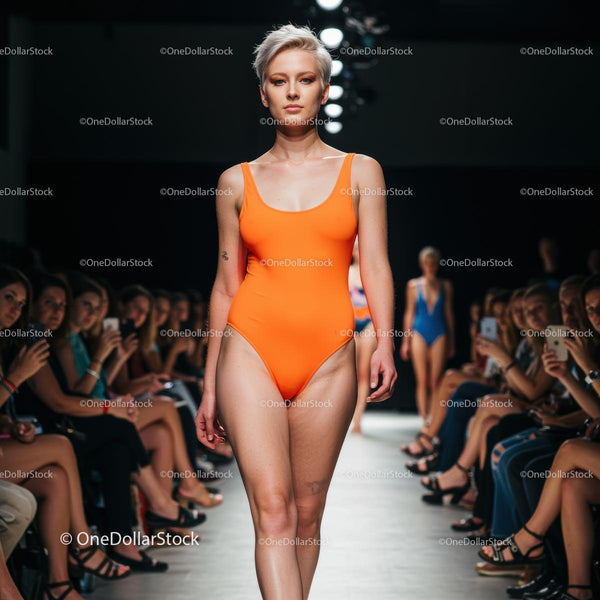 Model in Orange Swimsuit Walking Runway with Confidence