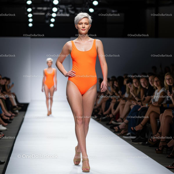 Model Confidently Walking the Runway in Orange Swimsuit