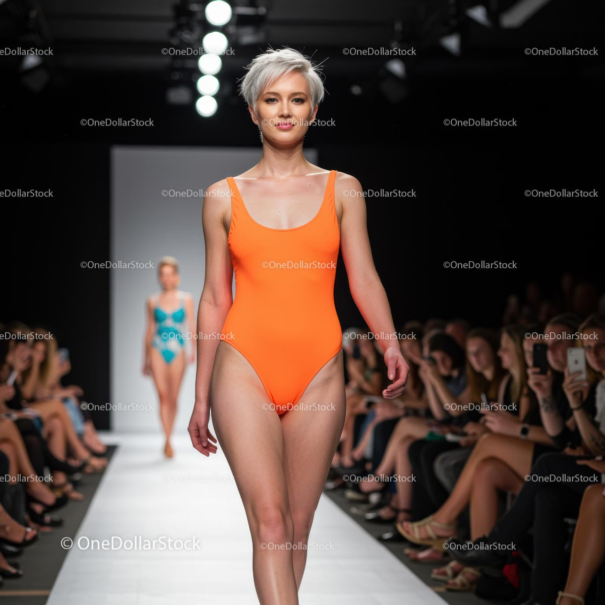 Modelka na wybiegu w jaskrawo pomarańczowym kostiumie kąpielowym na pokazie mody