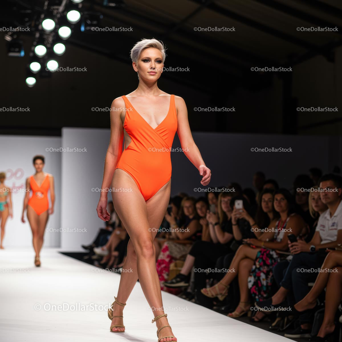 Model Showcasing Orange Swimsuit on Fashion Runway