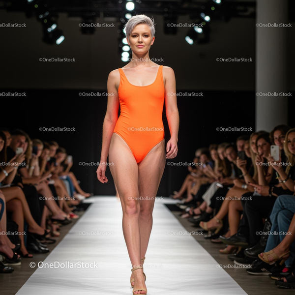 Model in Bright Orange Swimsuit on Catwalk